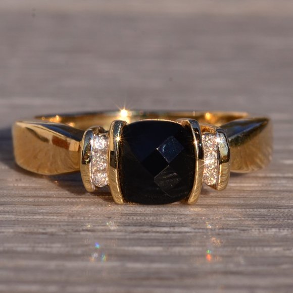 Checkerboard Cut Onyx and Natural Diamond Ring in Yellow Gold